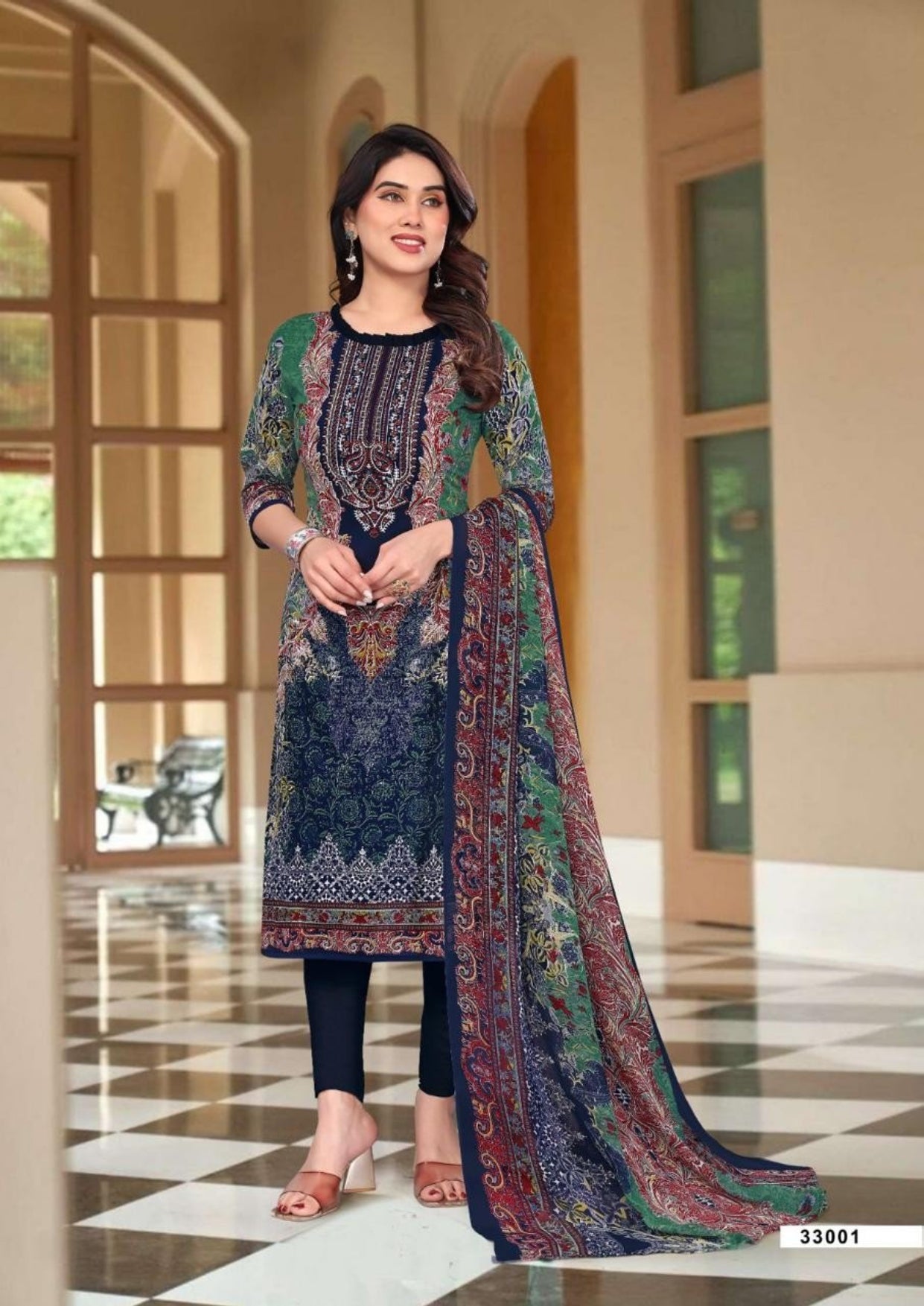Unstitched Leon Crepe Dress Material with Chiffon Dupatta