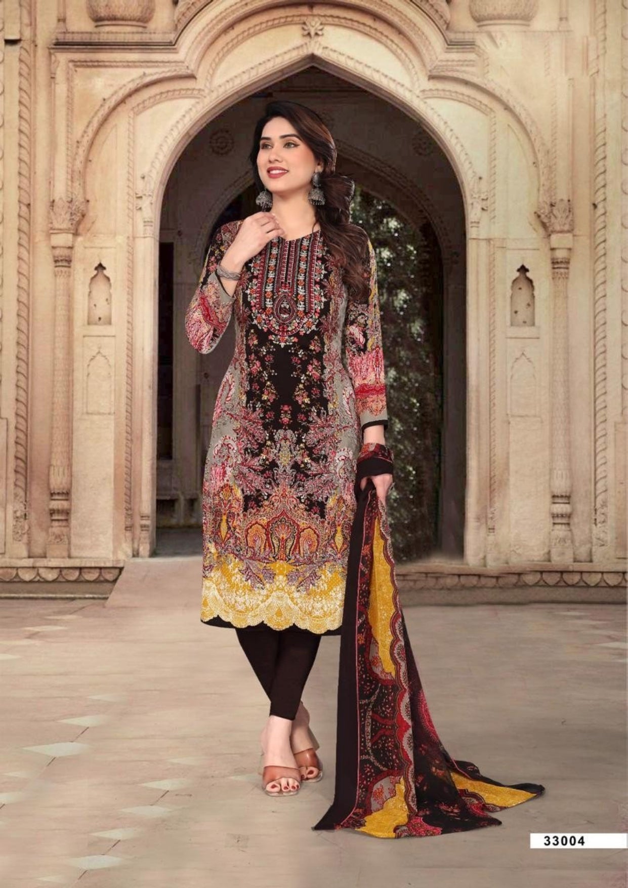 Unstitched Leon Crepe Dress Material with Chiffon Dupatta
