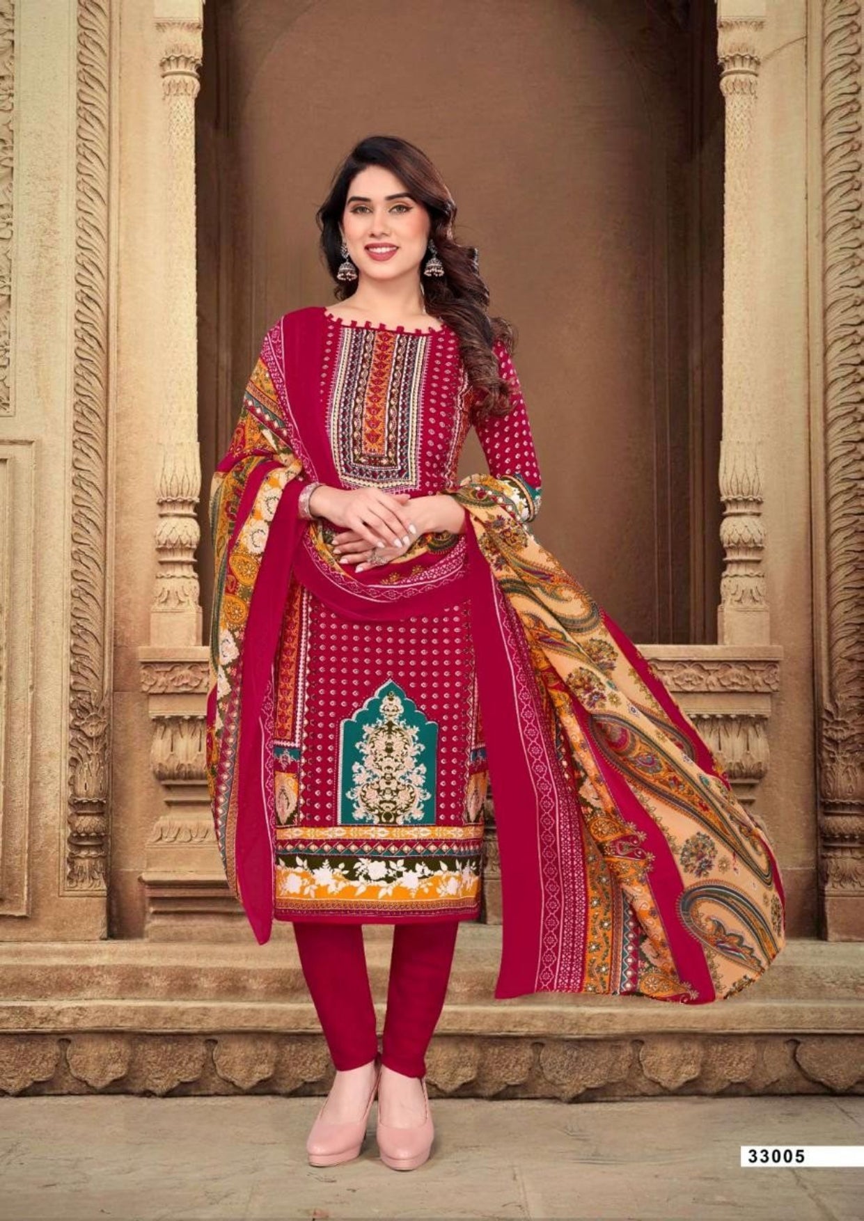 Unstitched Leon Crepe Dress Material with Chiffon Dupatta