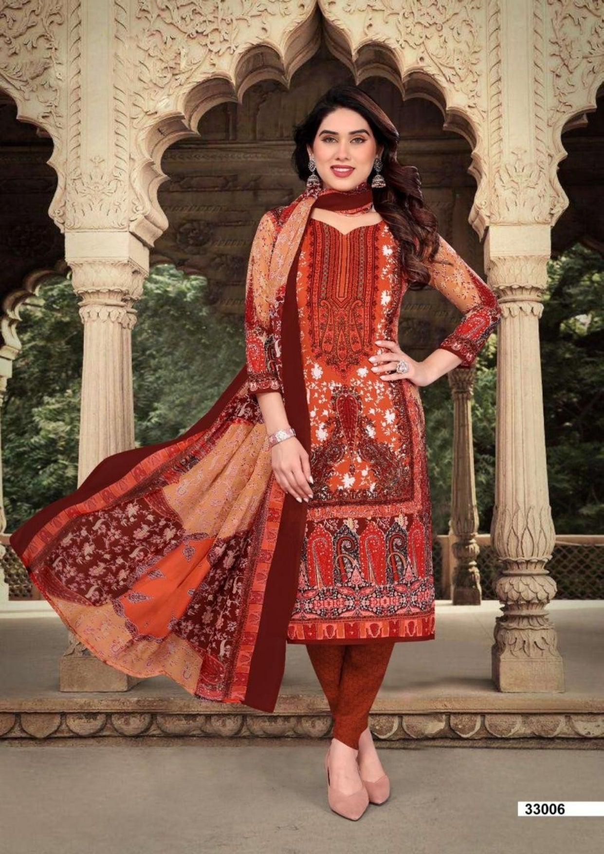 Unstitched Leon Crepe Dress Material with Chiffon Dupatta