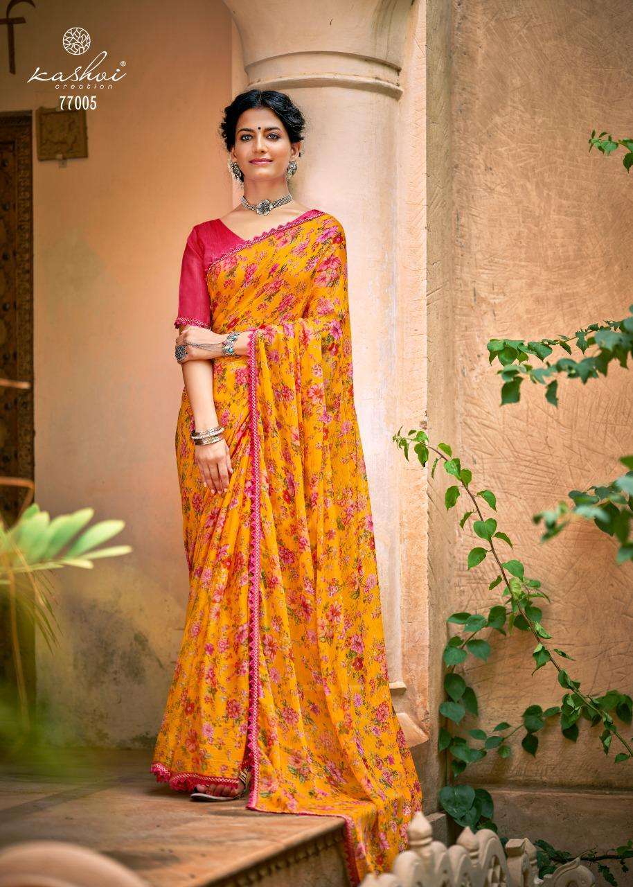 Graceful Chiffon Saree with Printed Design and Lace Border
