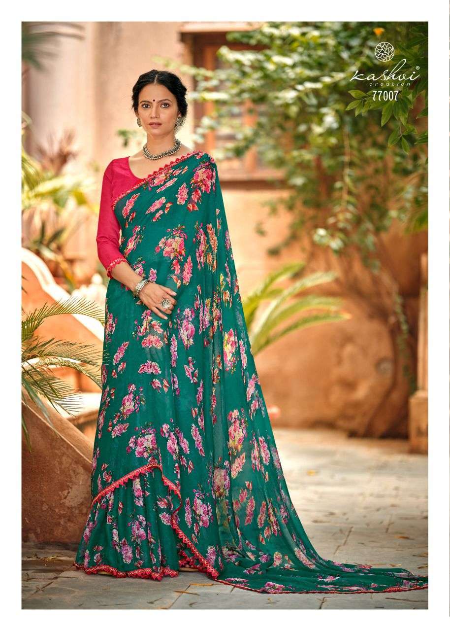 Graceful Chiffon Saree with Printed Design and Lace Border