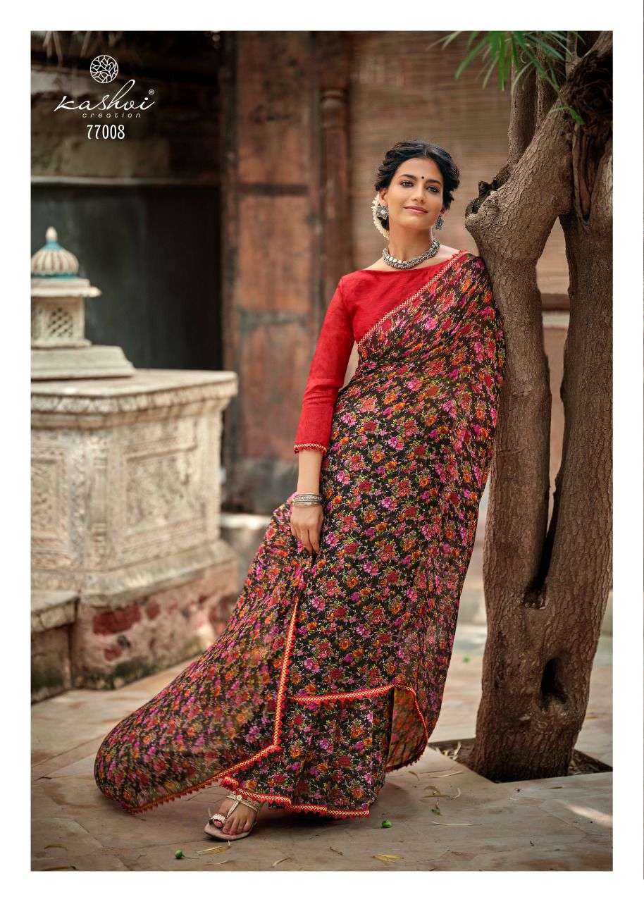 Graceful Chiffon Saree with Printed Design and Lace Border