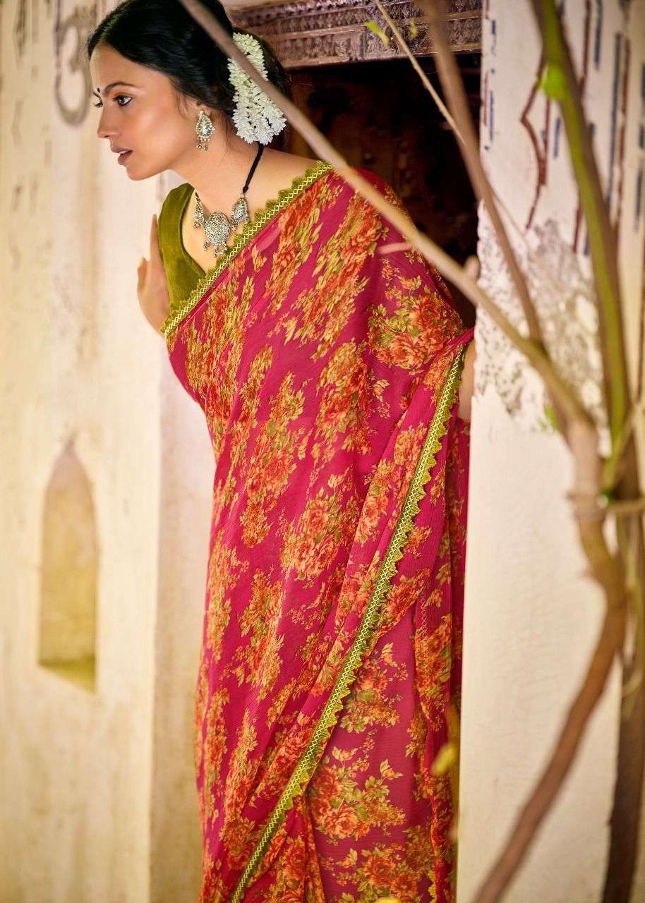 Graceful Chiffon Saree with Printed Design and Lace Border