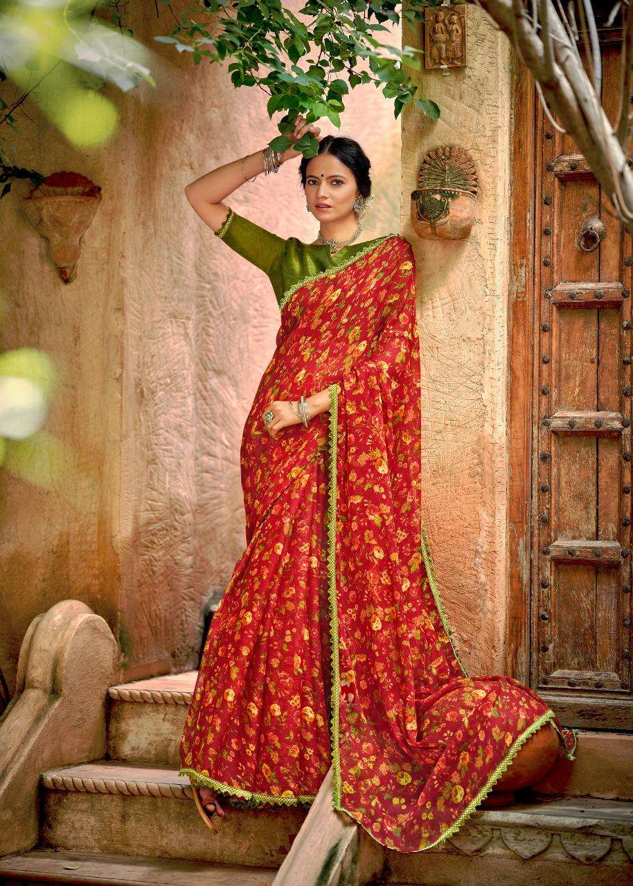 Graceful Chiffon Saree with Printed Design and Lace Border