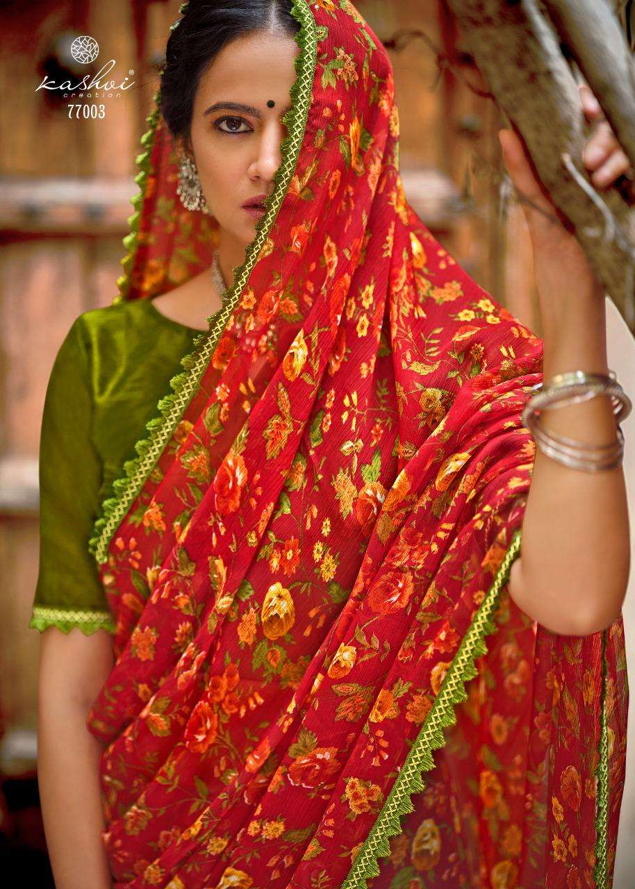 Graceful Chiffon Saree with Printed Design and Lace Border