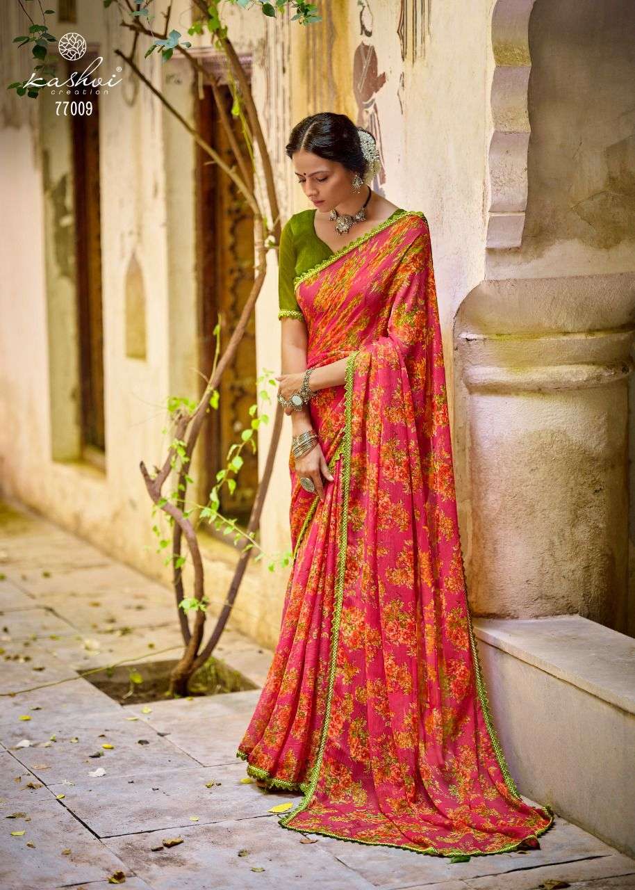 Graceful Chiffon Saree with Printed Design and Lace Border
