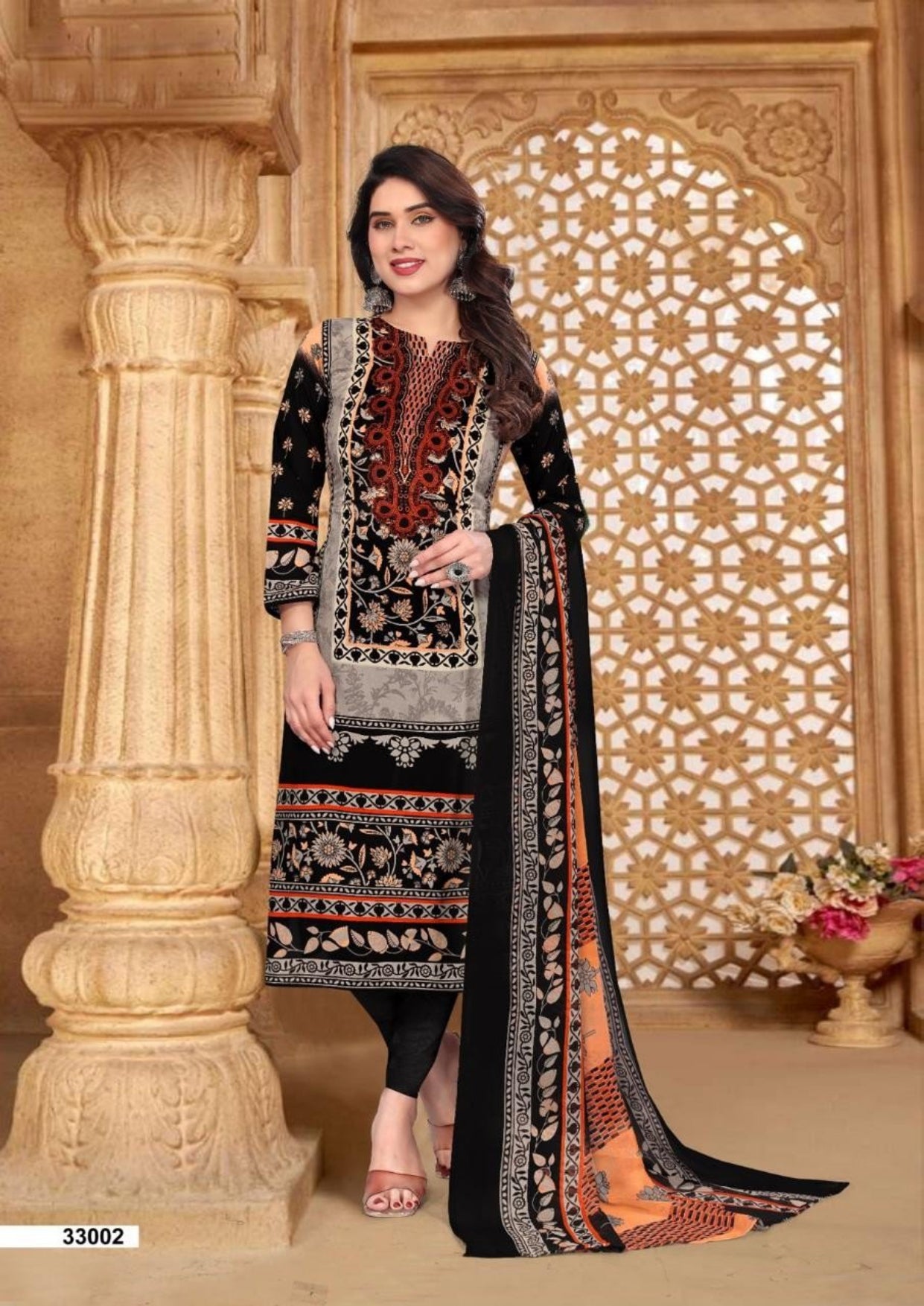 Unstitched Leon Crepe Dress Material with Chiffon Dupatta