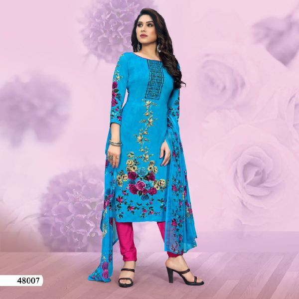 Vibrant  Dress Material Set with Printed Design and Chiffon Dupatta