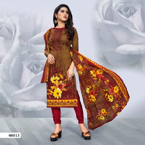 Vibrant  Dress Material Set with Printed Design and Chiffon Dupatta