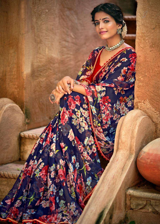 Graceful Chiffon Saree with Printed Design and Lace Border