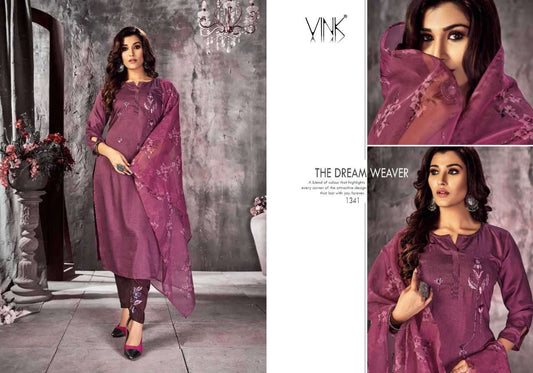 Lustrous Silk Suit Ensemble with Intricate Detailing